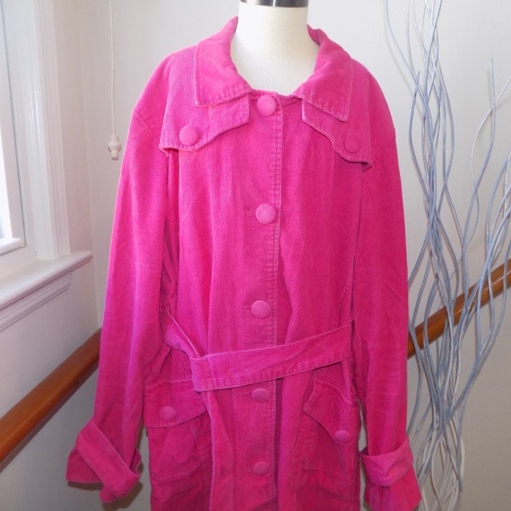 OUTER EDGE Hot Pink Corduroy Trench Coat Button Down Jacket Women's Size XL
